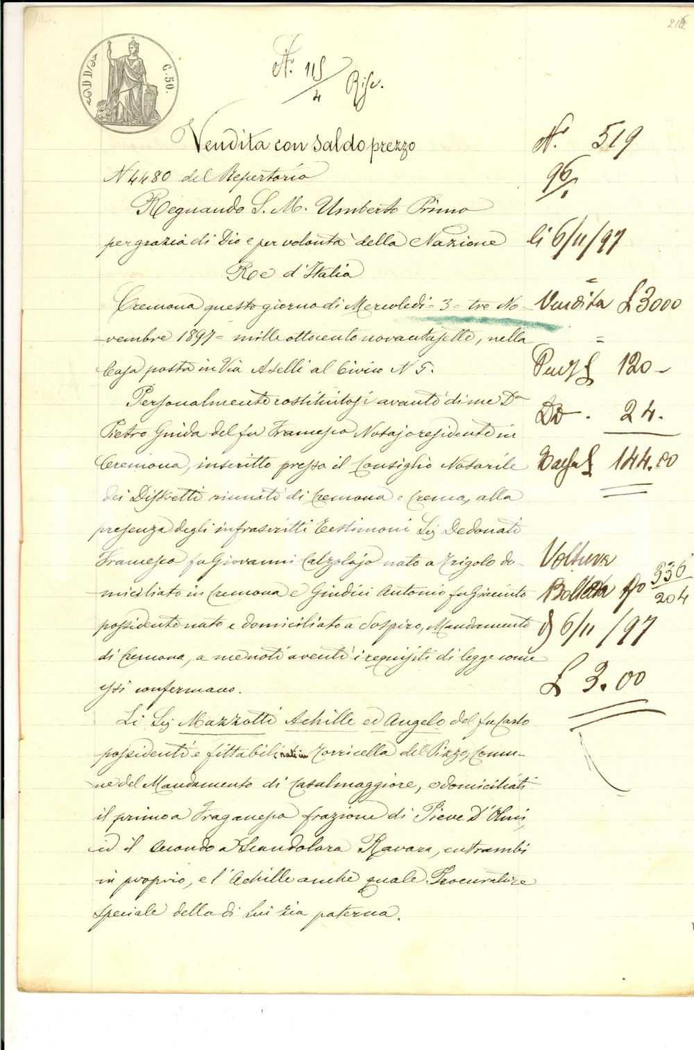 Documento originale, autentico 1897 SCANDOLARA RAVARA Fratelli MAZZOTTI vendono casa ai fratelli ROSANI 1