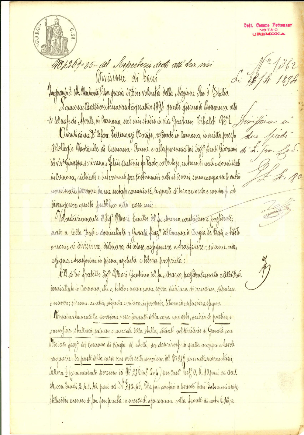 Documento originale, autentico 1894 GURATA CR Emilio MORI vende porzione di casa al fratello Gaetano 1