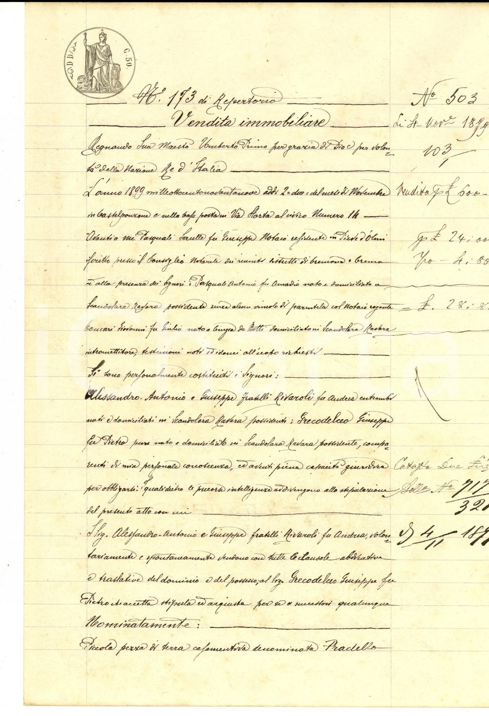 Documento originale, autentico 1899 SCANDOLARA RAVARA Fratelli RIVAROLI vendono terra a Giuseppe GRECODELCEO 1
