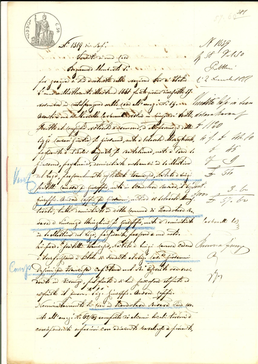Documento originale, autentico 1881 SCANDOLARA RAVARA Natale e Luigi CANOVA vendono casa a Giovanni DASINI 1