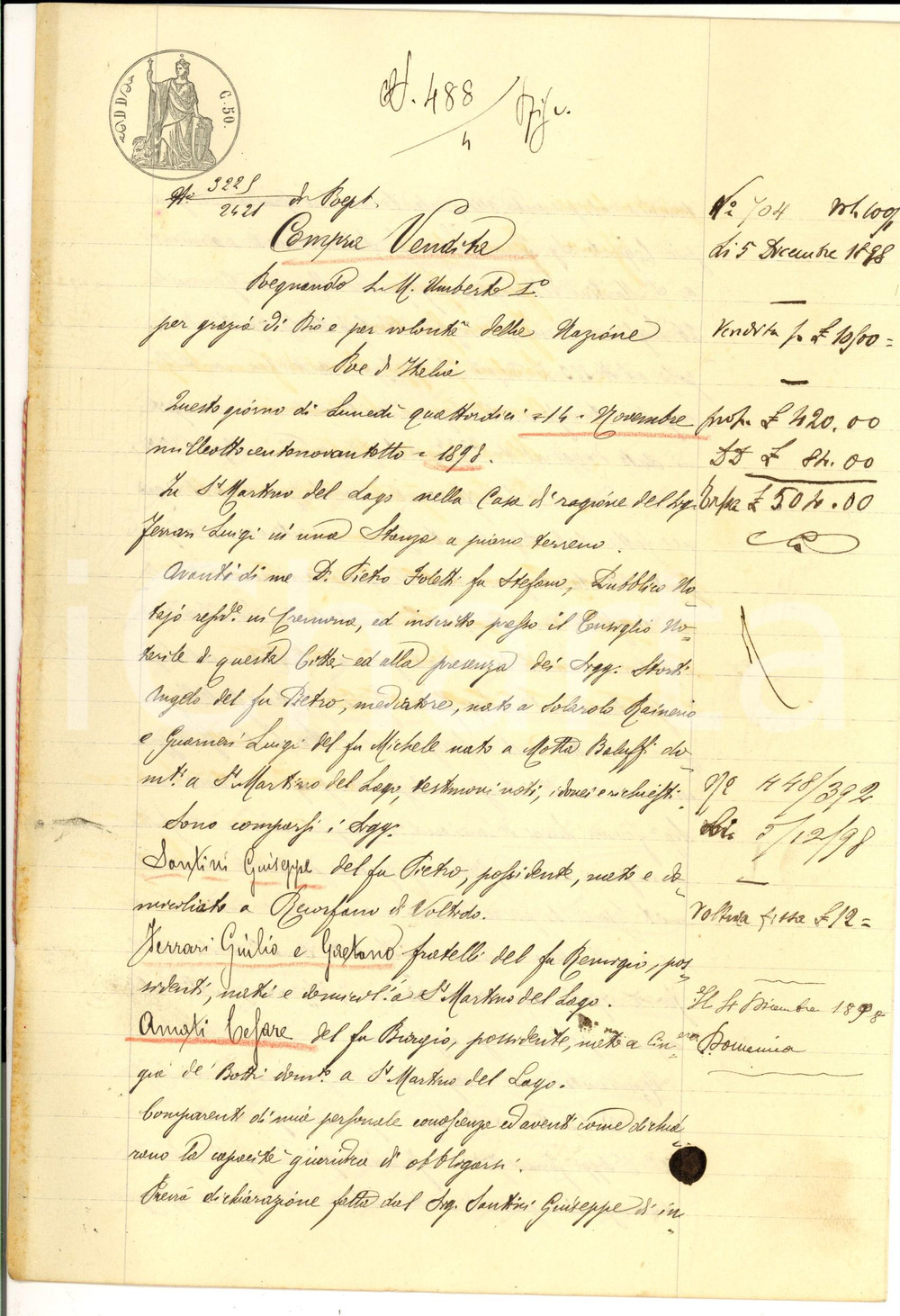 Documento originale, autentico 1898 SAN MARTINO DEL LAGO Giulio e Gaetano FERRARI vendono campo a Cesare AMATI 1