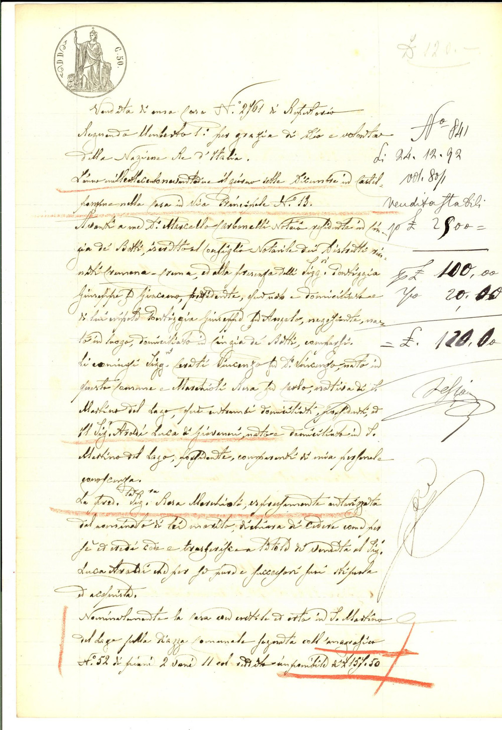 Documento originale, autentico 1892 SAN MARTINO DEL LAGO Rosa MARCHIOLI vende a Luca AROLDI casa con orto 1