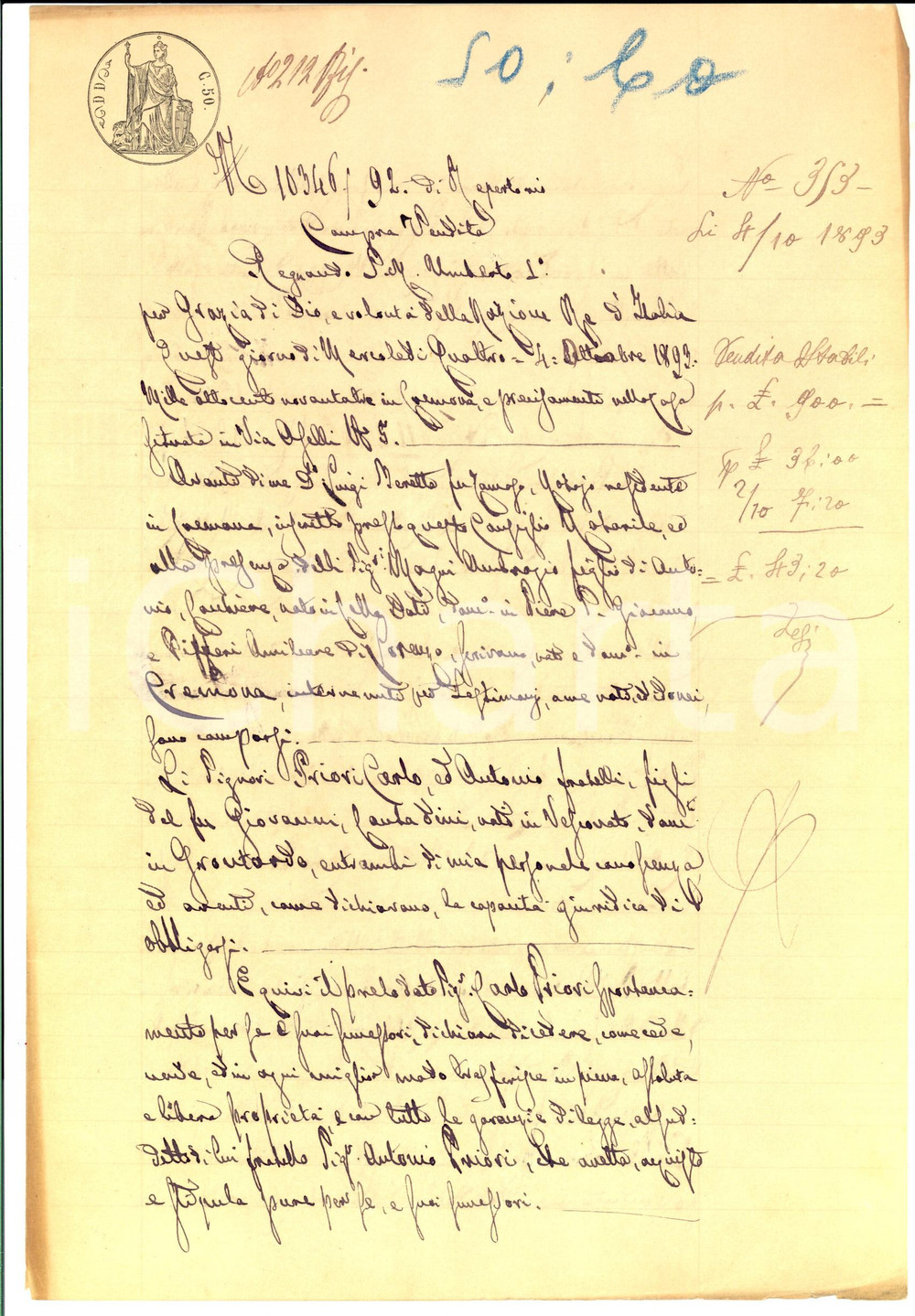Documento originale, autentico 1893 GRONTARDO Carlo PRIORI vende al fratello Antonio metÃ  campo RAVIGINO 1