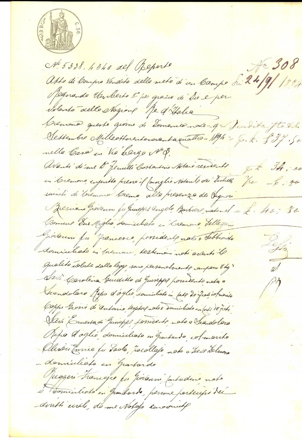Documento originale, autentico 1894 GRONTARDO CR Fratelli SAVI vendono metÃ  campo a Francesco RUGGERI 1