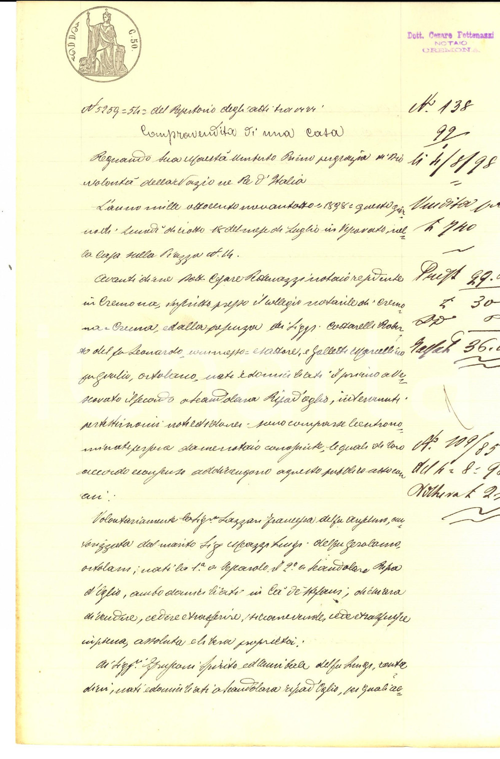 Documento originale, autentico 1898 SCANDOLARA RAVARA Francesca LAZZARI vende a Spirito FRUSCONI casa con orto 1