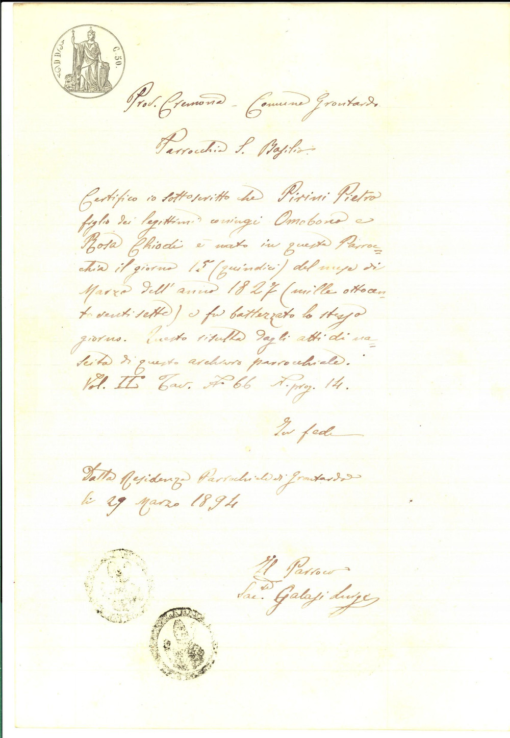 Documento originale, autentico 1894 GRONTARDO Parrocchia SAN BASILIO  Fede di battesimo Pietro PIRINI 1