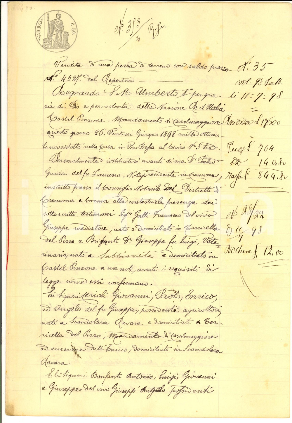 Documento originale, autentico 1898 SCANDOLARA RAVARA Fratelli CERIOLI vendono terra ai fratelli BONFANTI 1