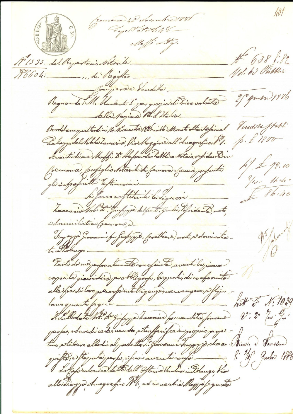 Documento originale, autentico 1886 POLENGO CR Don Giuseppe ZACCARIA vende casa colonica a Giovanni FUGAZZA 1