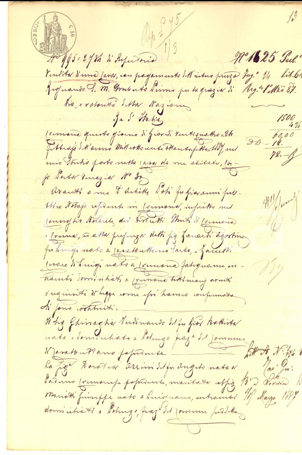Documento originale, autentico 1897 POLENGO CR Ferdinando GHINAGLIA vende casa a Dorotea AZZINI MARIOTTI 1