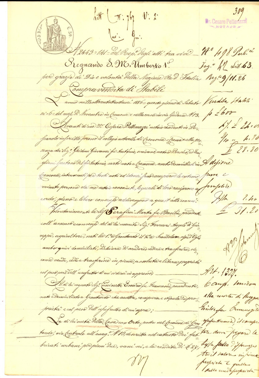 Documento originale, autentico 1885 GRONTARDO Marta SERAFINI vende parte casa al cognato Enrico COMINETTI 1