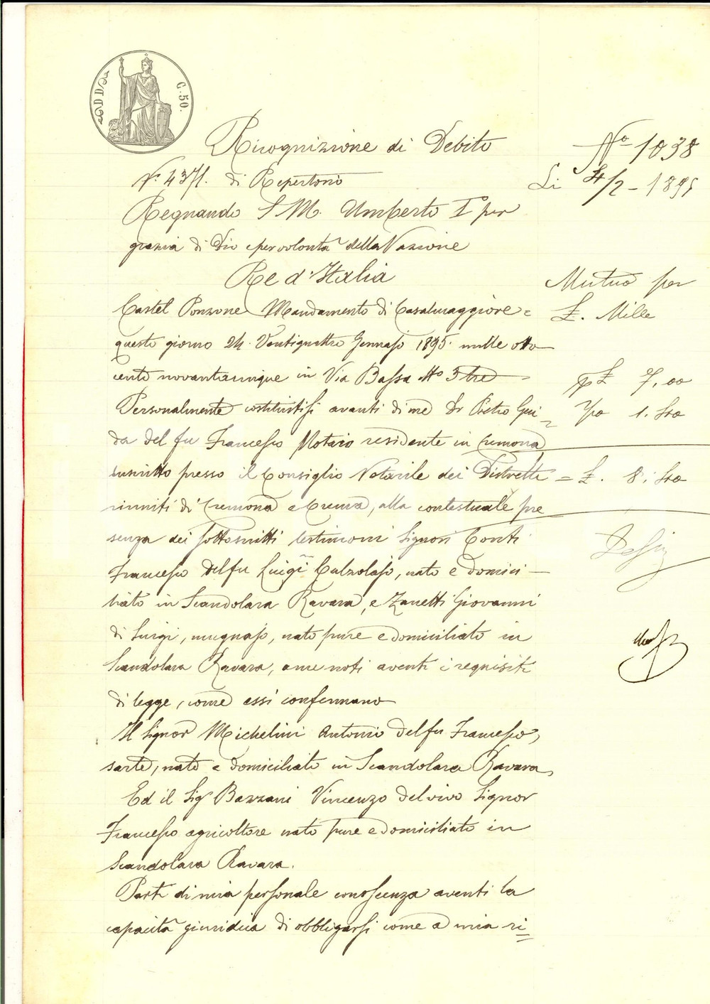 Documento originale, autentico 1895 SCANDOLARA RAVARA Ricognizione debito Antonio MICHELINI  Vincenzo BAZZANI 1