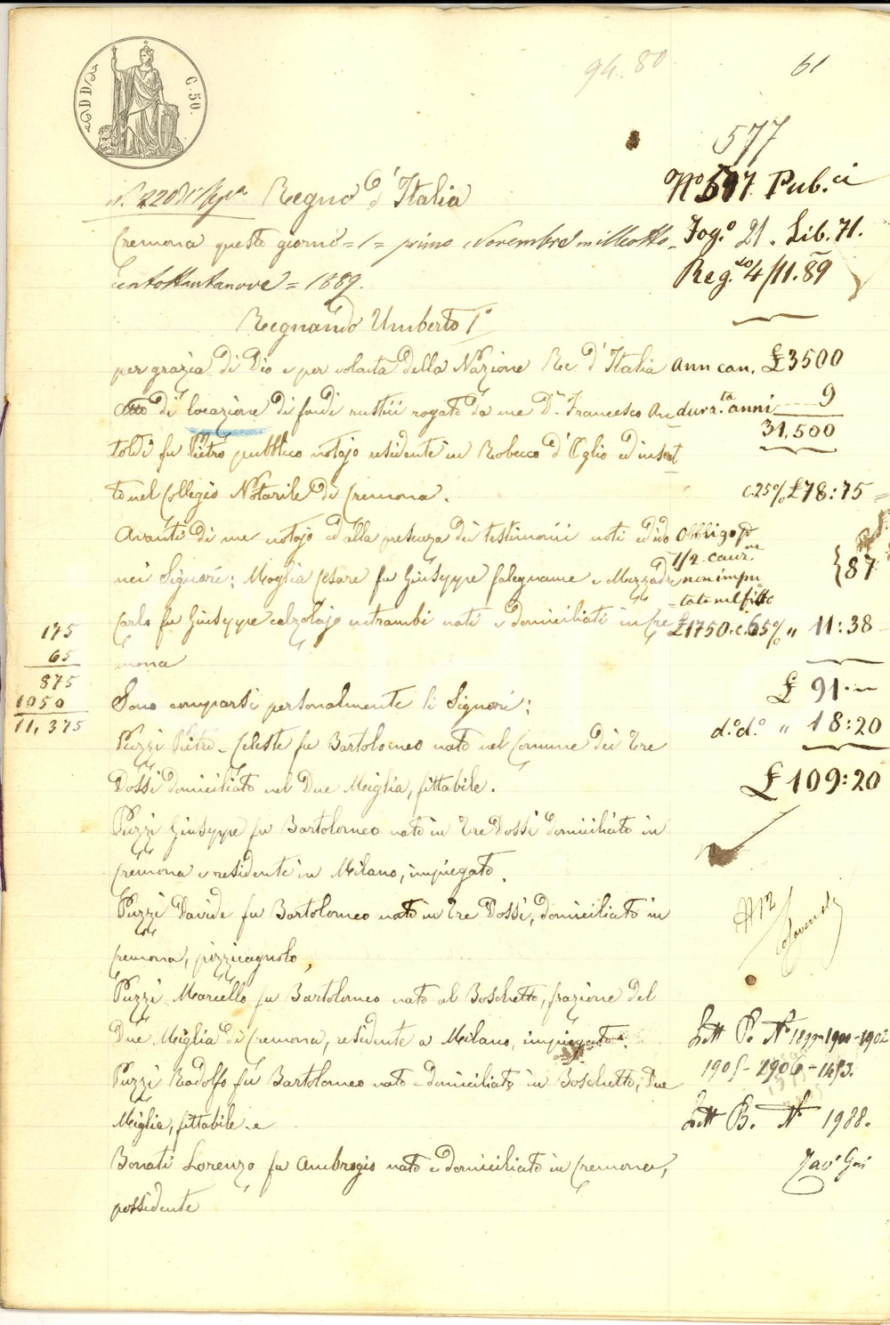 Documento originale, autentico 1889 OSSALENGO CR Famiglia PUZZI vende cascina con podere a Lorenzo BONATI 1