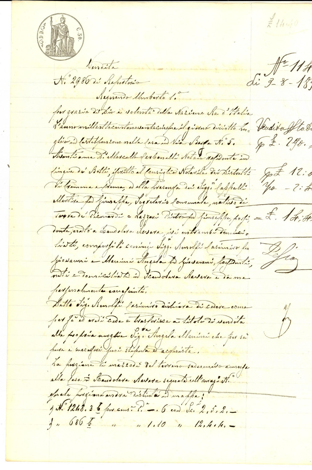 Documento originale, autentico 1895 SCANDOLARA RAVARA Casimiro RENOLFI cede terra alla moglie Angela MARINI 1