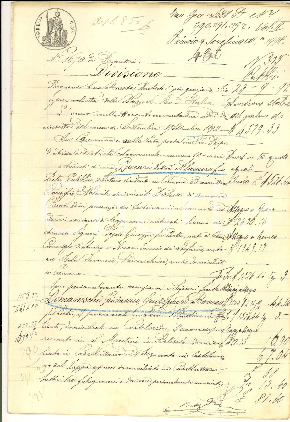 Documento originale, autentico 1892 POLENGO CR Divisione tra i fratelli Giovanni, Giuseppe e Romeo DOMANESCHI 1