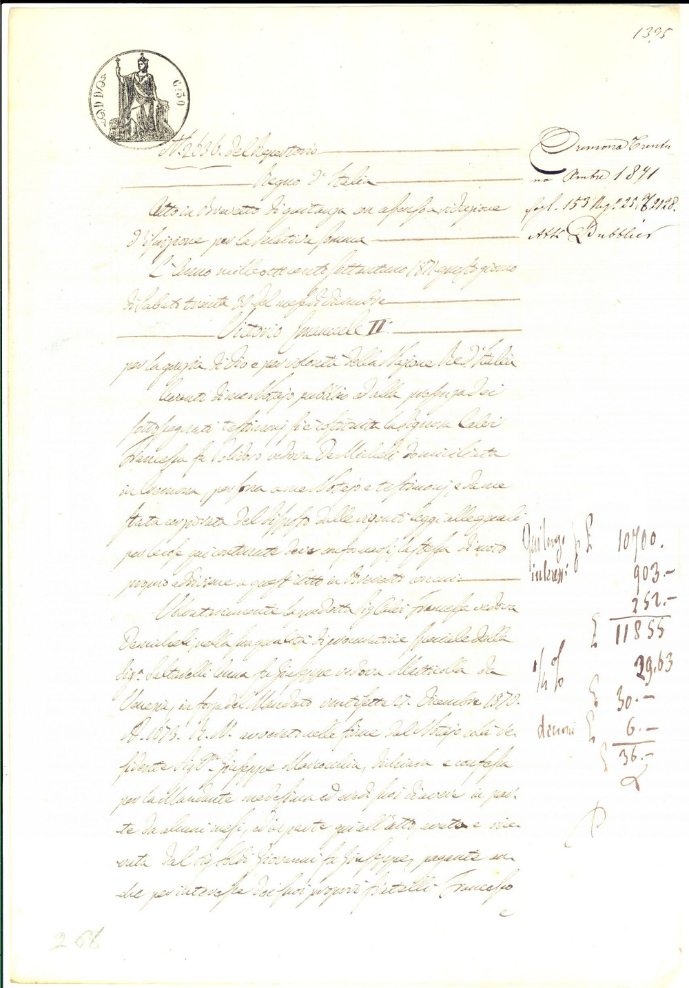 Documento originale, autentico 1871 CREMONA Quietanza vedova Francesca CALVI a Giovanni SOLDI Manoscritto 1