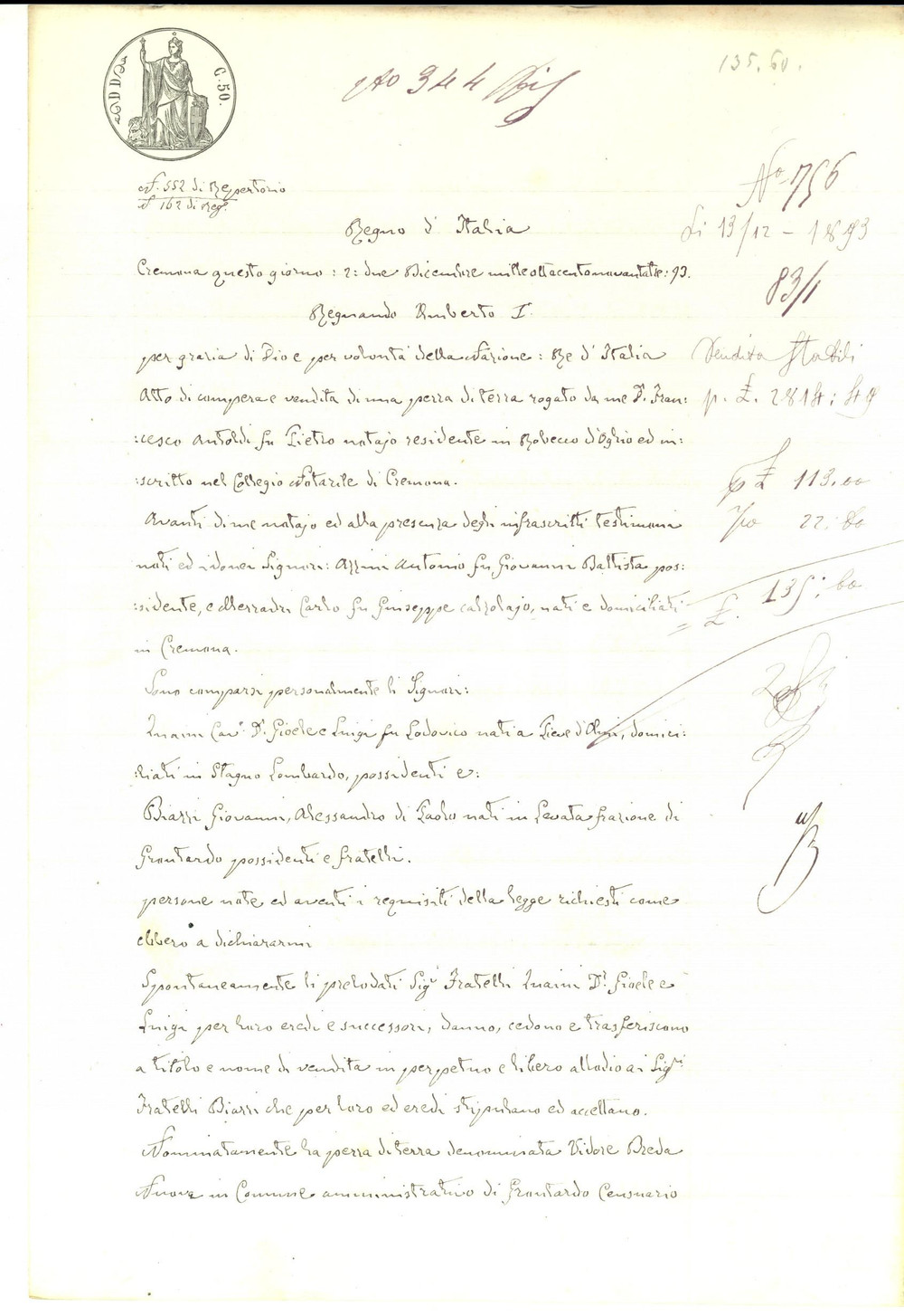 1893 GRONTARDO Fratelli QUAINI vendono ai fratelli BIAZZI Vidore BREDA