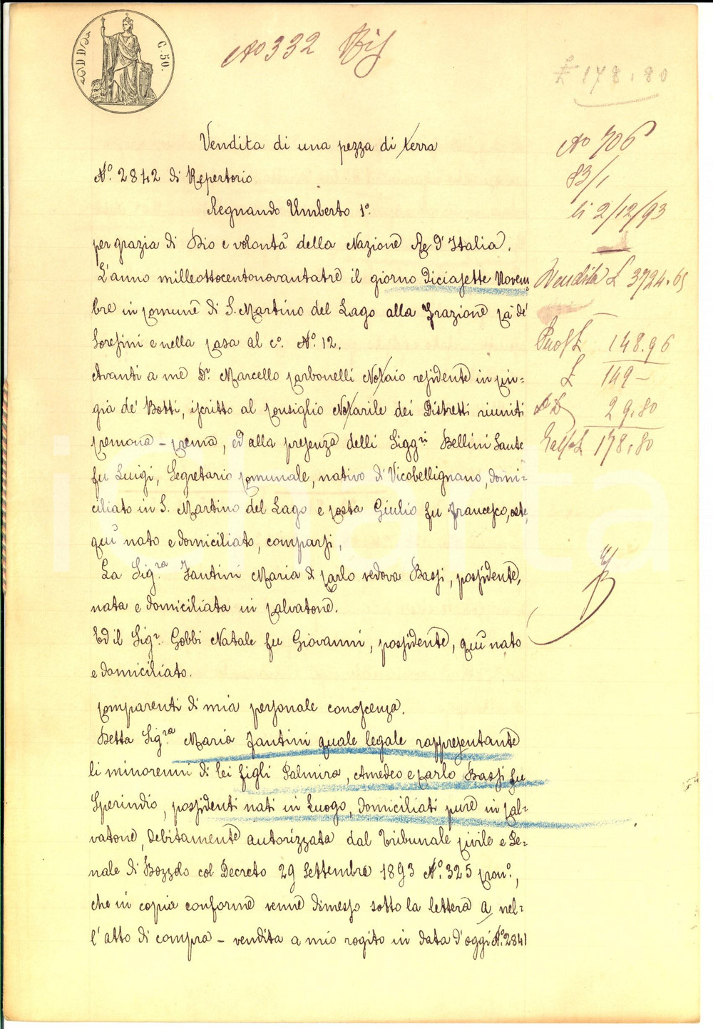 Documento originale, autentico 1896 CA  DE SORESINI Maria FANTINI vende a Natale GOBBI campo FORNACESTRADONE 1