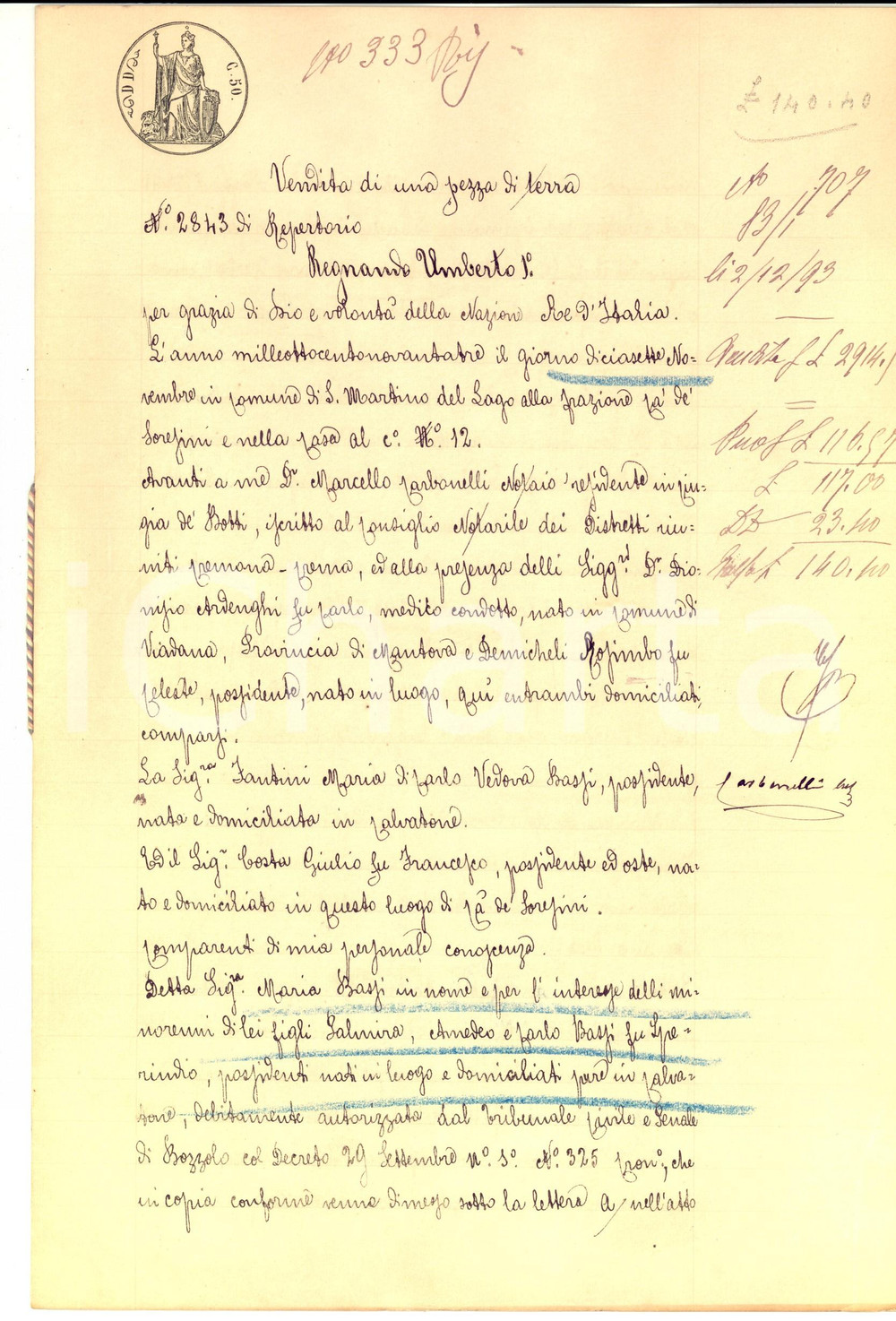 Documento originale, autentico 1893 CA  DE SORESINI Maria BASSI vende parte campo a Giulio COSTA Manoscritto 1