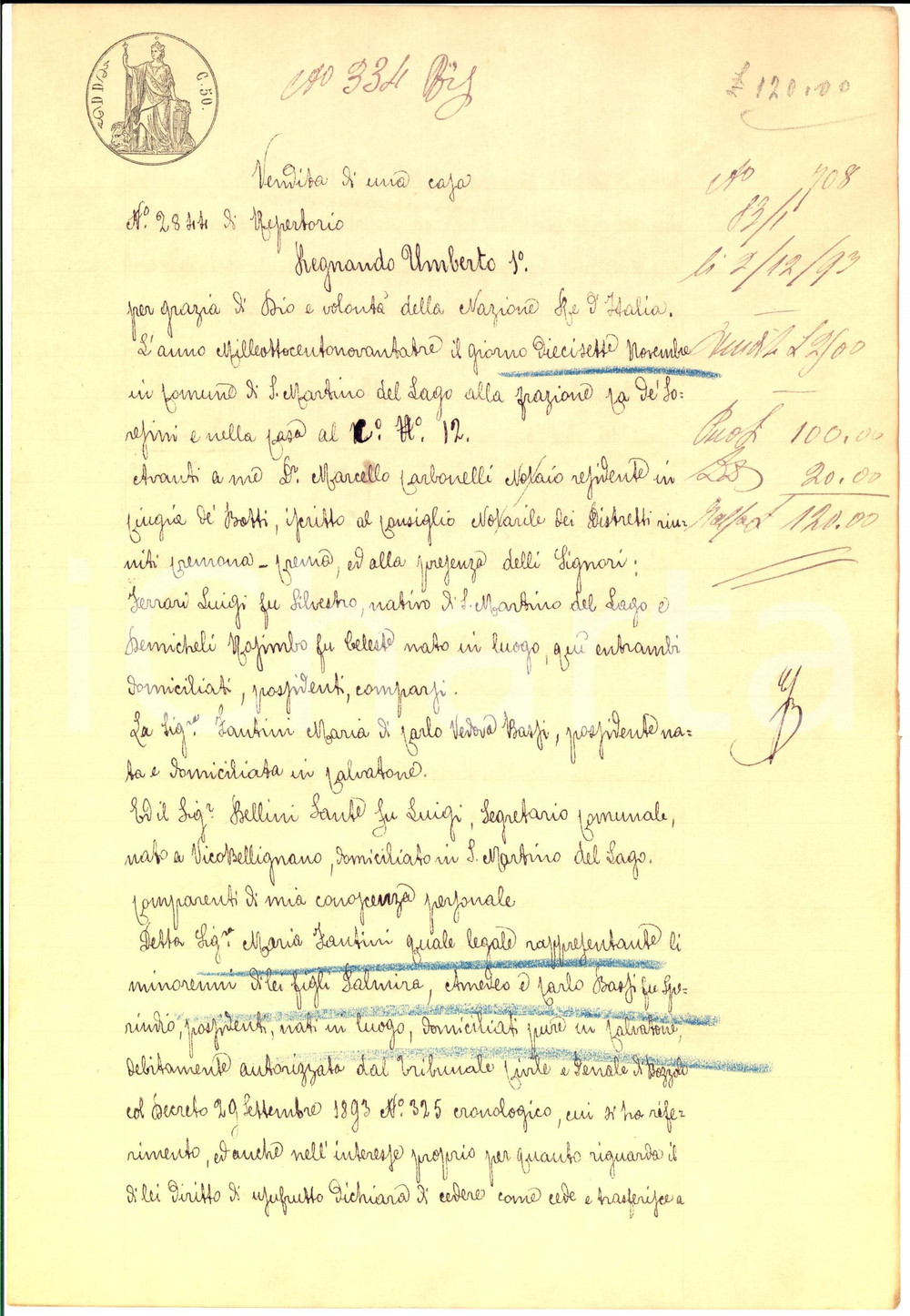 Documento originale, autentico 1893 CA  DE SORESINI Maria FANTINI vende a Sante BELLINI terreno dei figli 1
