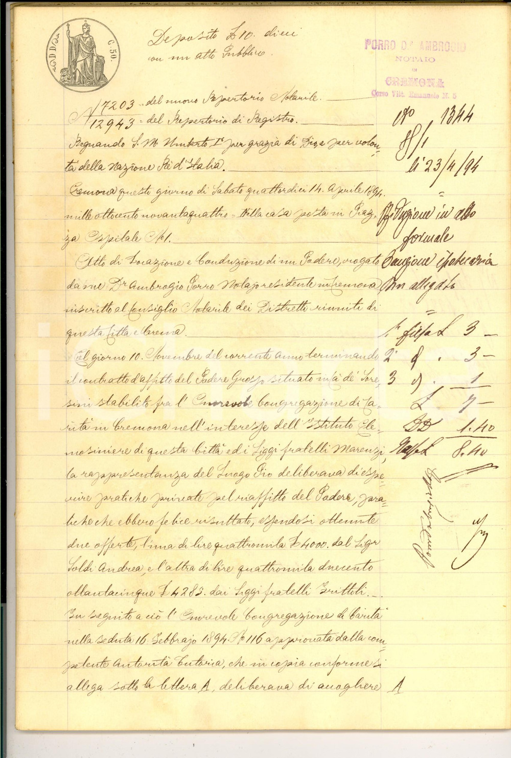 Documento originale, autentico 1894 CA  DE SORESINI Sigismondo BAROLI affitta terre a Michele FRITTOLI 66 pp. 1