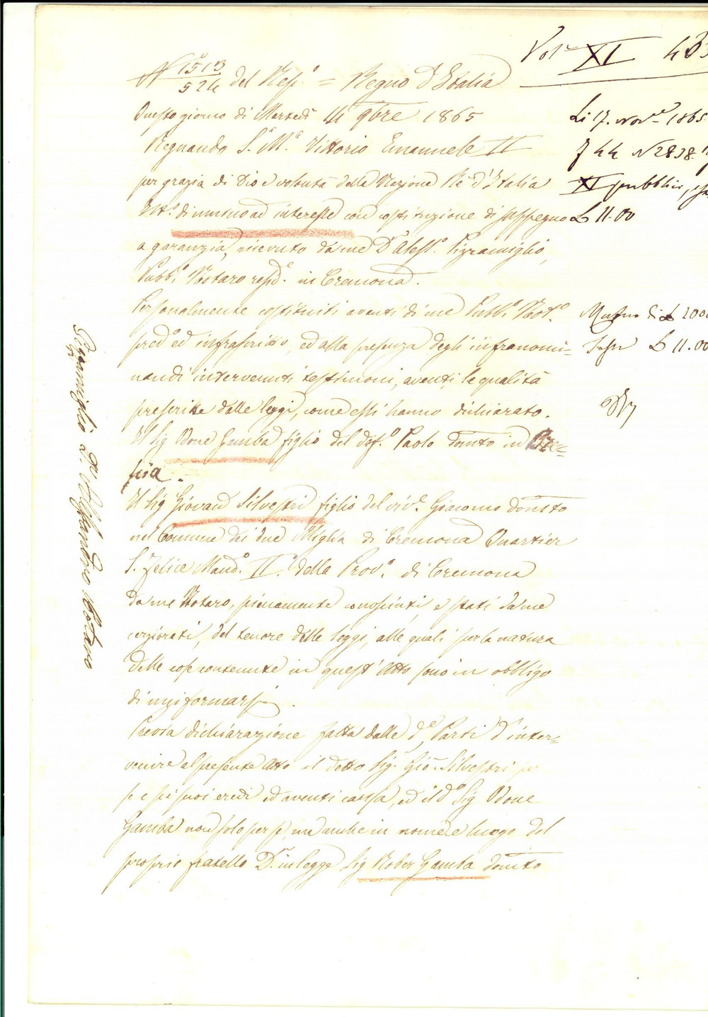 1865 DUEMIGLIA/ CREMONA Prestito di Giovanni SILVESTRI a Odone GAMBA