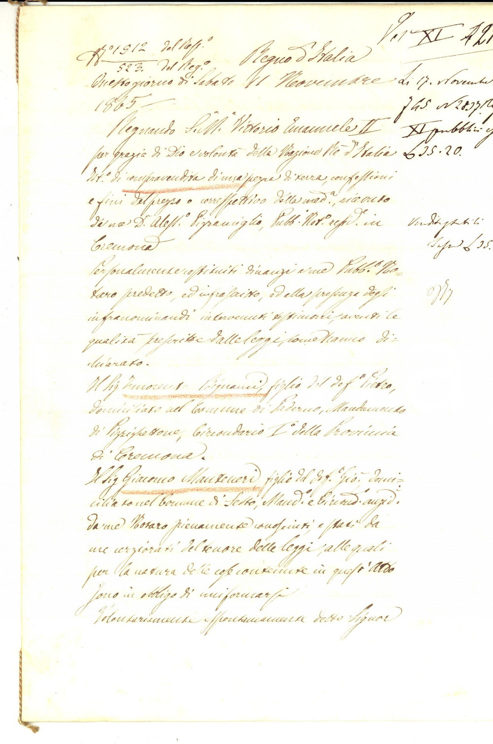 Documento originale, autentico 1865 SESTO CREMONESE Innocente BIGNAMI vende terra a Giacomo MANTENERI 1