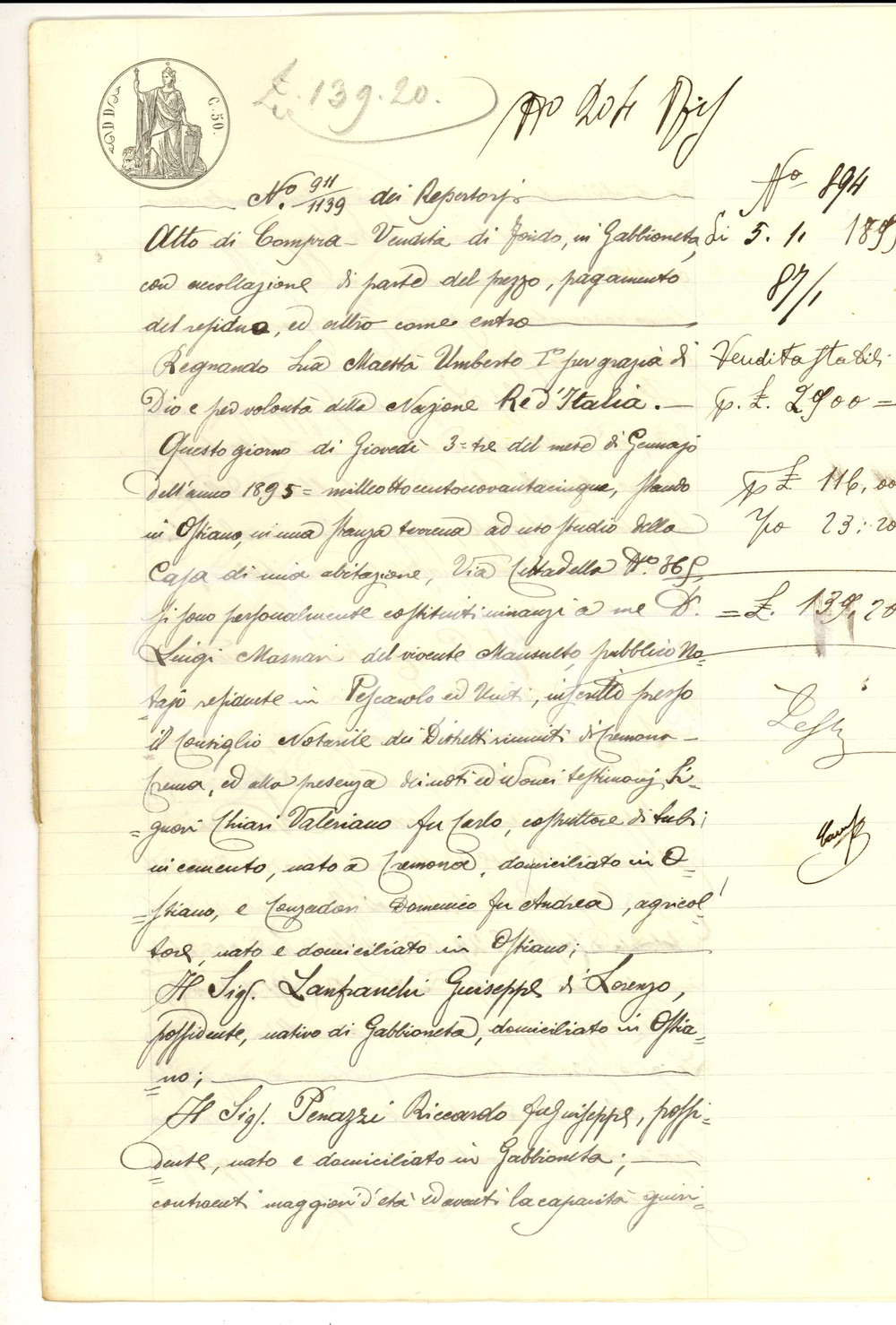 Documento originale, autentico 1895 GABBIONETA CR Giuseppe LANFRANCHI vende terra a Riccardo PENAZZI 1