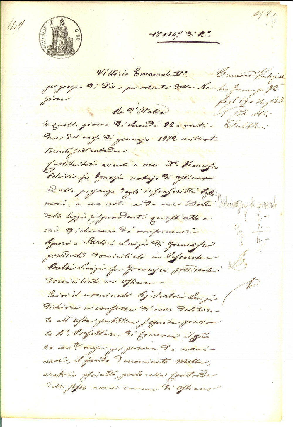 Documento originale, autentico 1872 OSTIANO CR Luigi BASSI acquista all asta fondo MELLA Manoscritto 1