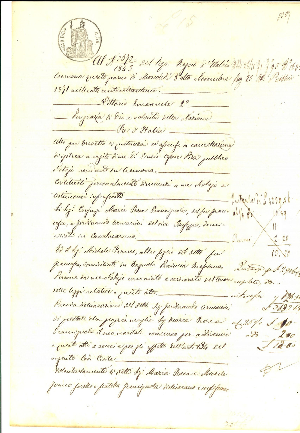 Documento originale, autentico 1871 BAGNOLO MELLA BS Quietanza di Maria Rosa e Michele Fermo GRAMIGNOLA 1