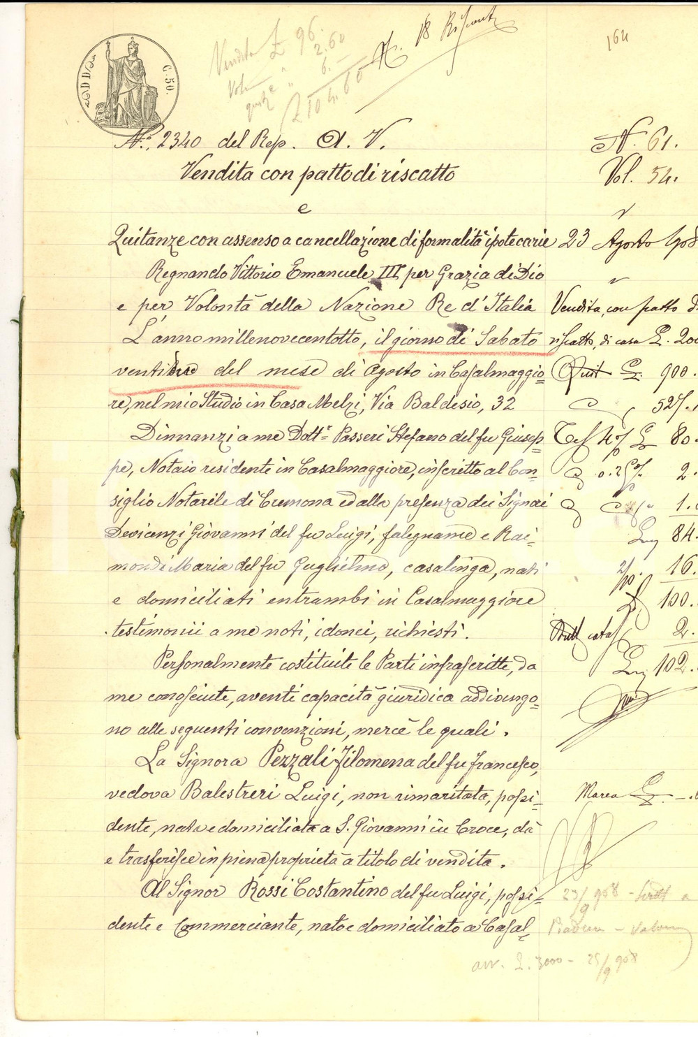 Documento originale, autentico 1908 SAN GIOVANNI IN CROCE Filomena PEZZALI vende casa a Costantino ROSSI 1