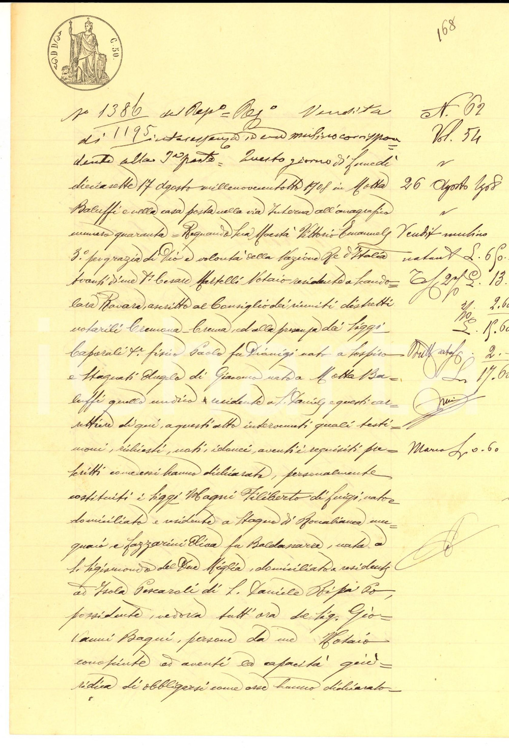 Documento originale, autentico 1908 ISOLA PESCAROLI CR Oliva LAZZARINI cede interessenza in mulino natante 1