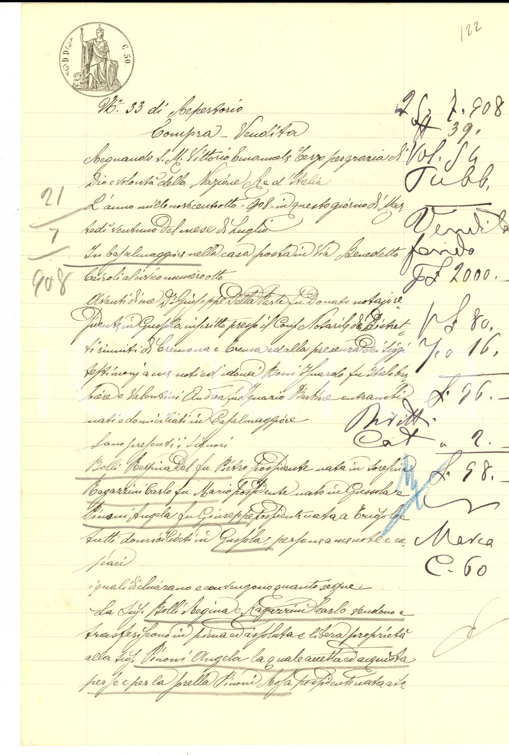 Documento originale, autentico 1908 GUSSOLA Regina BOLLI vende campo SAN LORENZO ad Angela PINONI 1