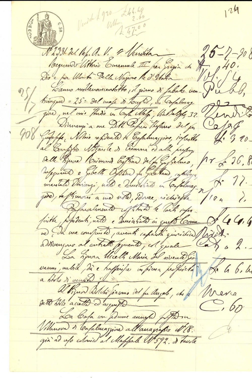 Documento originale, autentico 1908 VILLANOVA CR Maria UCCELLI vende a Giacomo BOLCHI casa con sedume 1