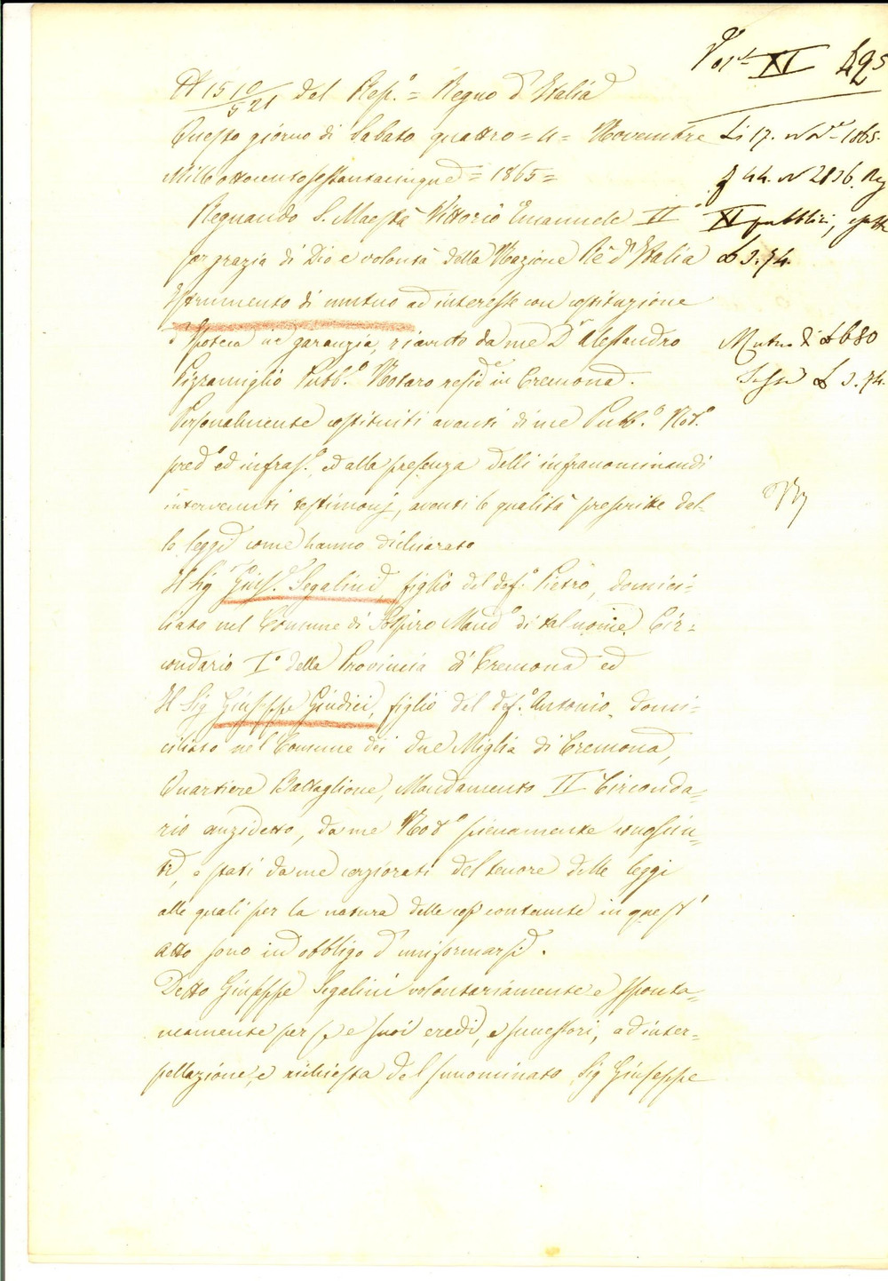 Documento originale, autentico 1865 DUEMIGLIA/ CREMONA Prestito di Giuseppe GIUDICI a Giuseppe SEGALINI 1