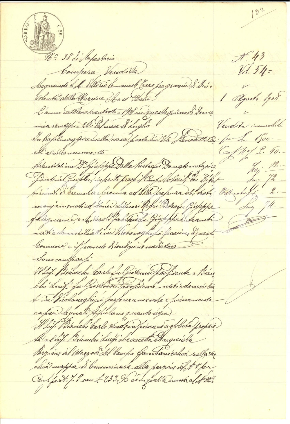 Documento originale, autentico 1908 CAMMINATA/ CASALMAGGIORE Carlo BIANCHI vende al fratello Luigi parte campo 1