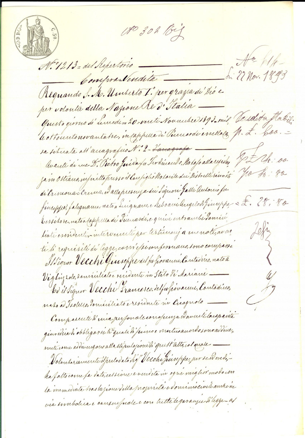 Documento originale, autentico 1893 CAPPELLA DE  PICENARDI Giuseppe VECCHI vende al fratello parte di casa 1