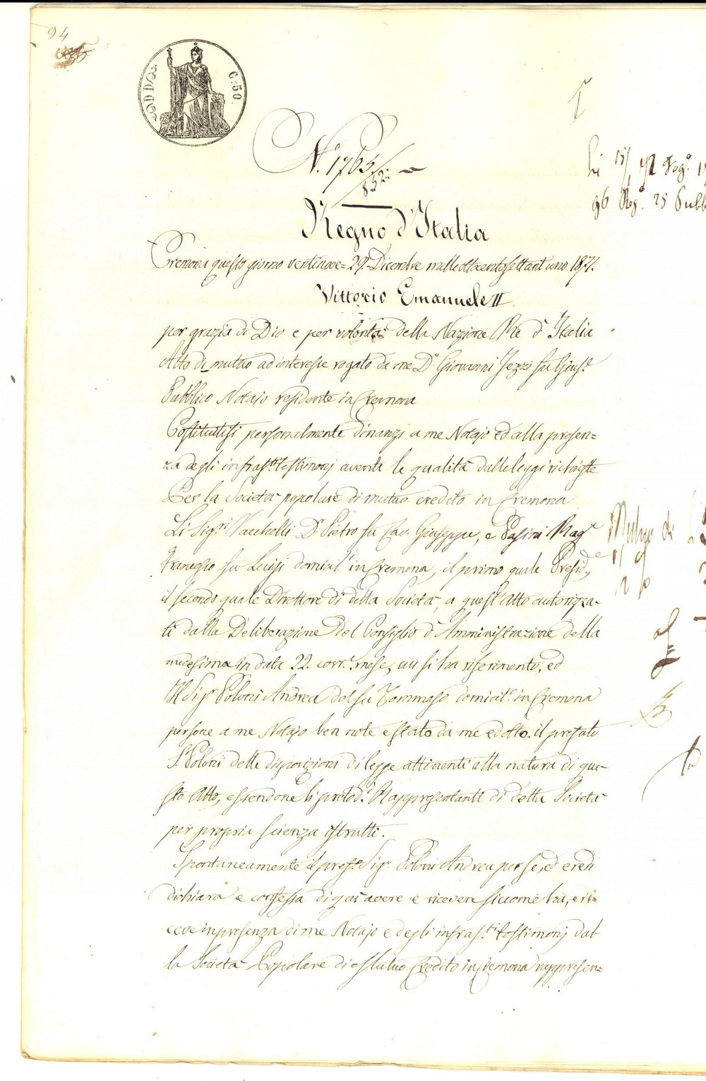 Documento originale, autentico 1871 CREMONA Prestito SocietÃ  Popolare Mutuo Credito ad Andrea POLONI 1