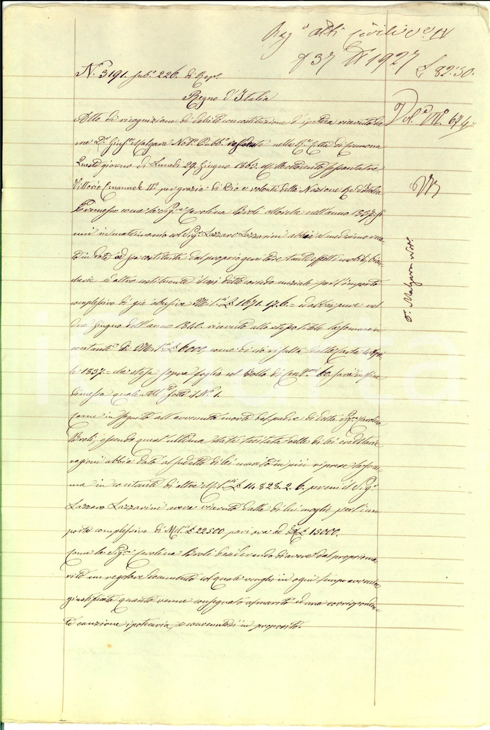 Documento originale, autentico 1863 CREMONA Ricognizione debito Lazzaro LAZZARINI verso moglie Carolina BROLI 1