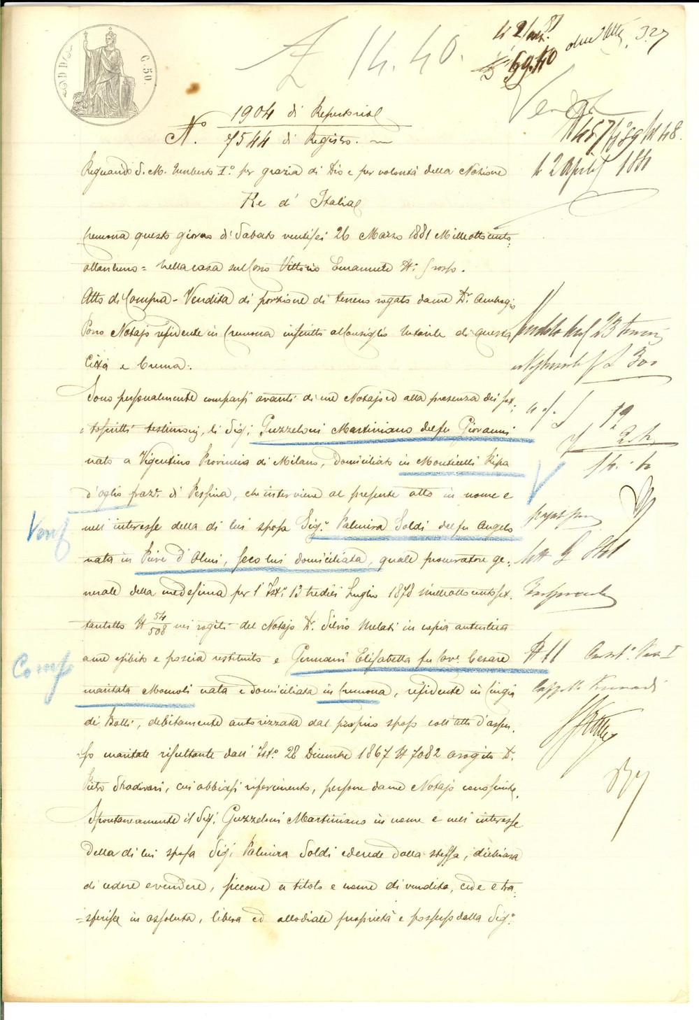 Documento originale, autentico 1881 VIGHIZZOLO CR Martiniano GUZZELONI vende campo a Elisabetta GERMANI 1