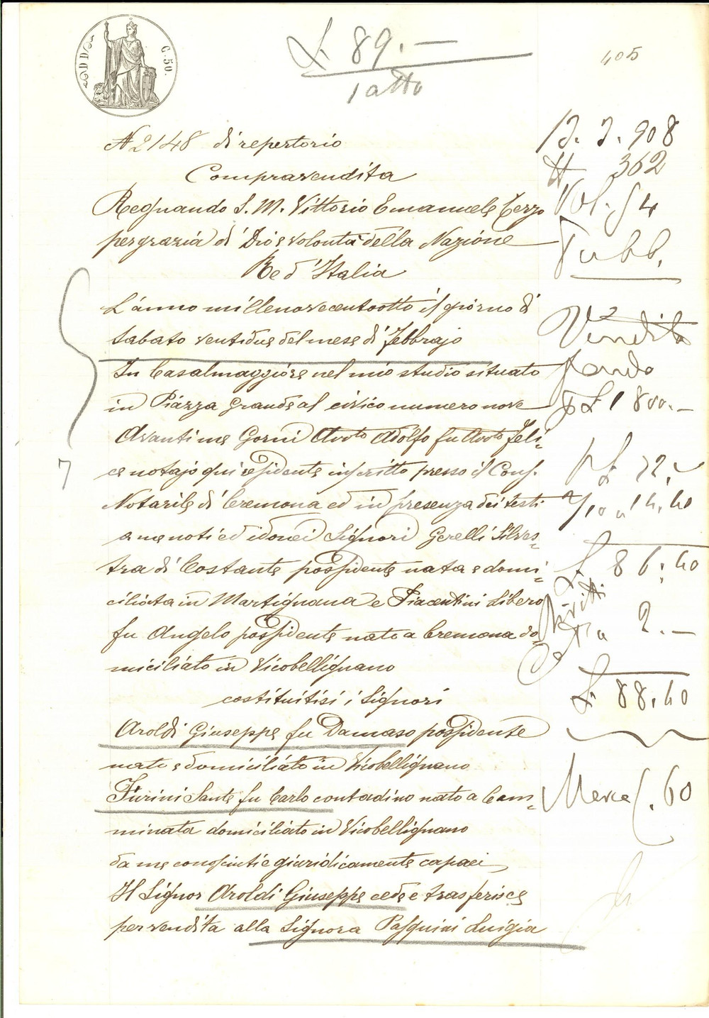 Documento originale, autentico 1908 VICOBELLIGNANO CR Giuseppe AROLDI  vende campo a Luigia PASQUINI 1