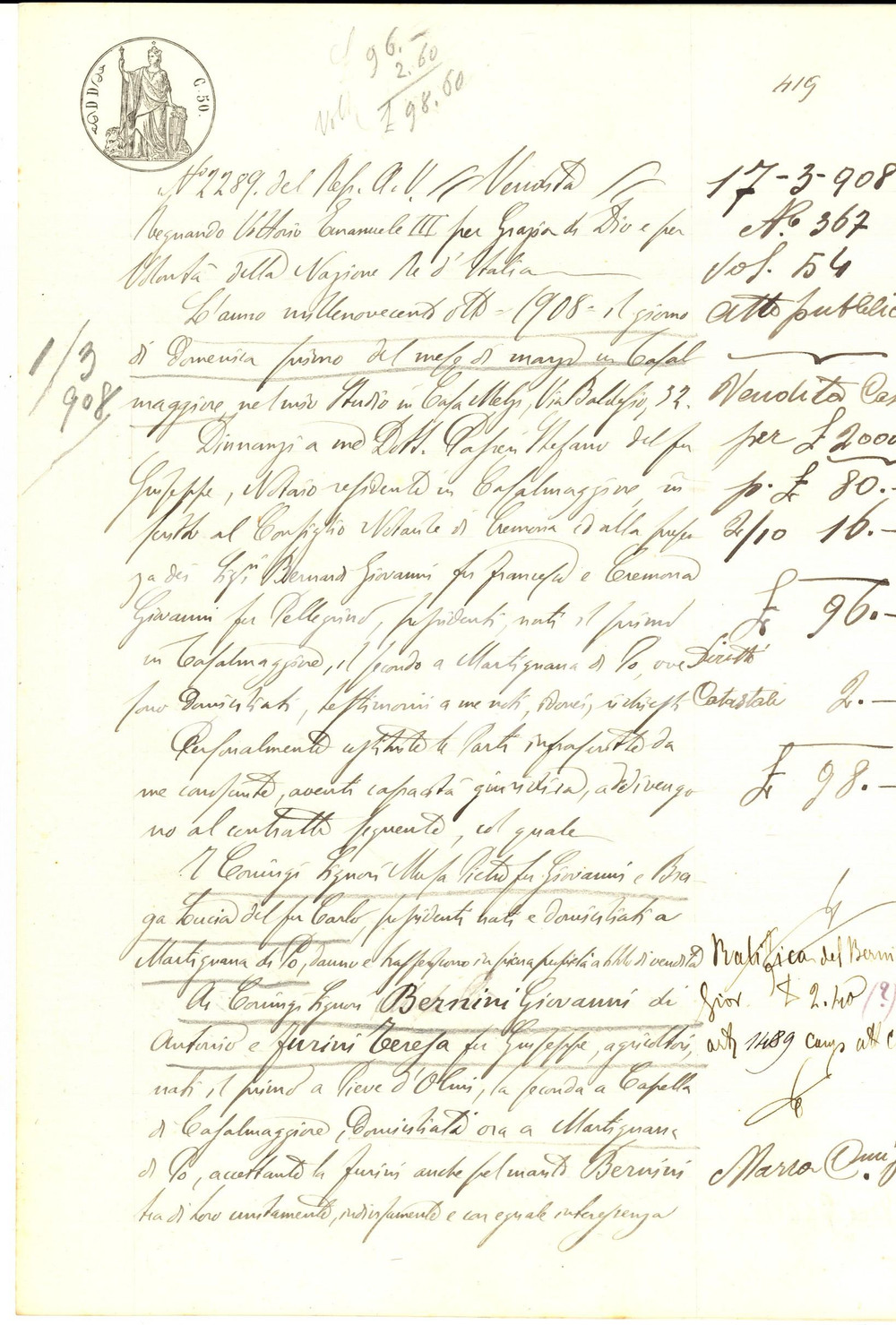 Documento originale, autentico 1908 MARTIGNANA DI PO Pietro MASA vende casa a Giovanni BERNINI e Teresa FURINI 1