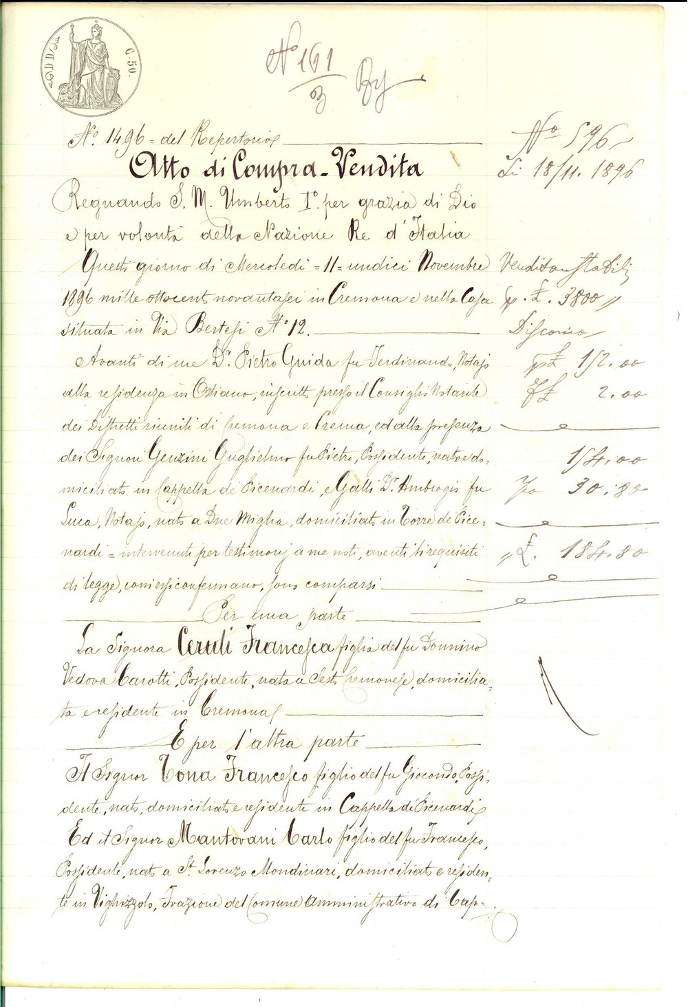 Documento originale, autentico 1896 VIGHIZZOLO CR Francesca CERUTI vende campo ZOCCO a Francesco TONA 1