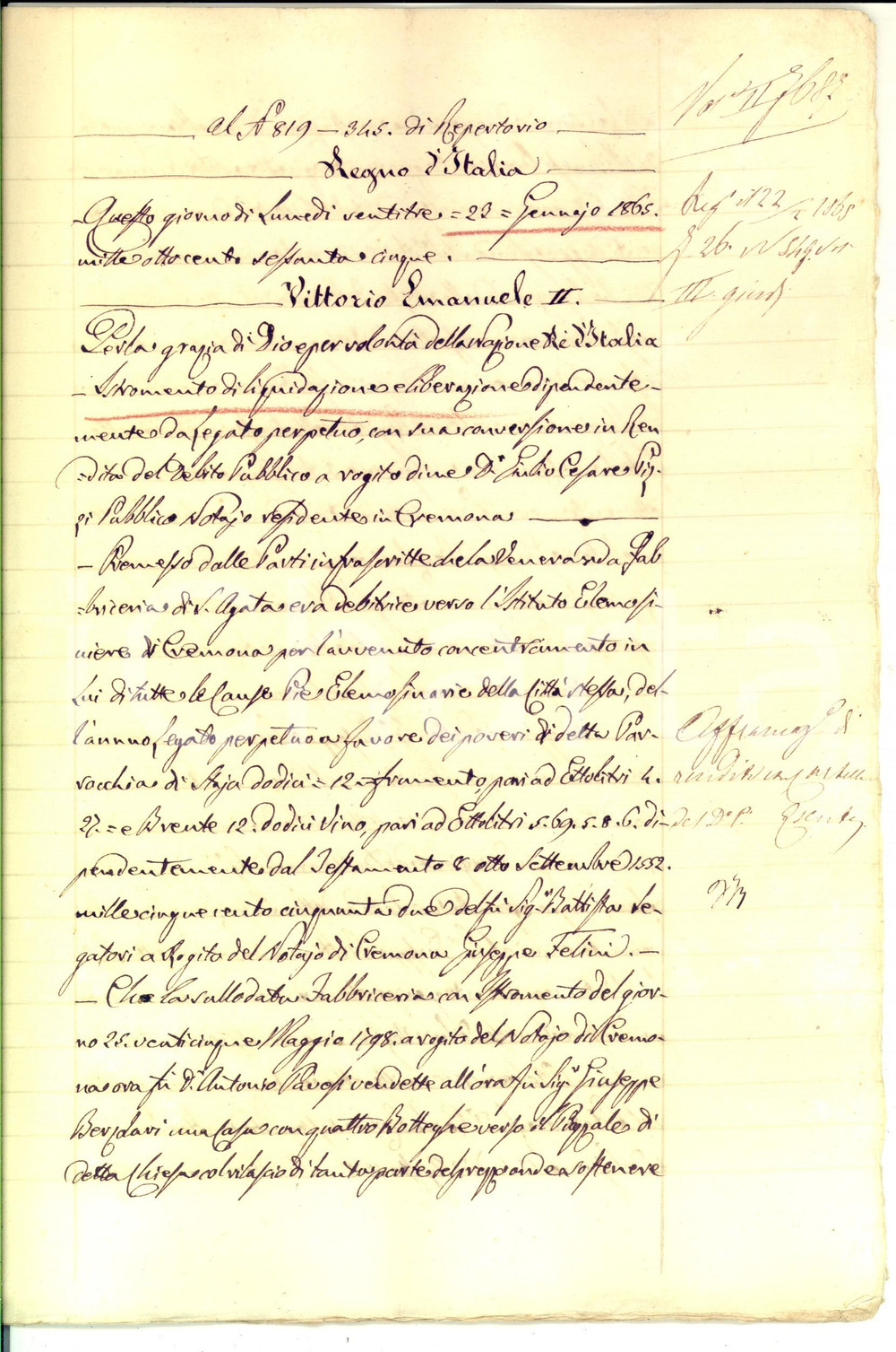 Documento originale, autentico 1865 CREMONA Giuseppa SANTI affrancata da legato a Fabbriceria chiesa S. AGATA 1
