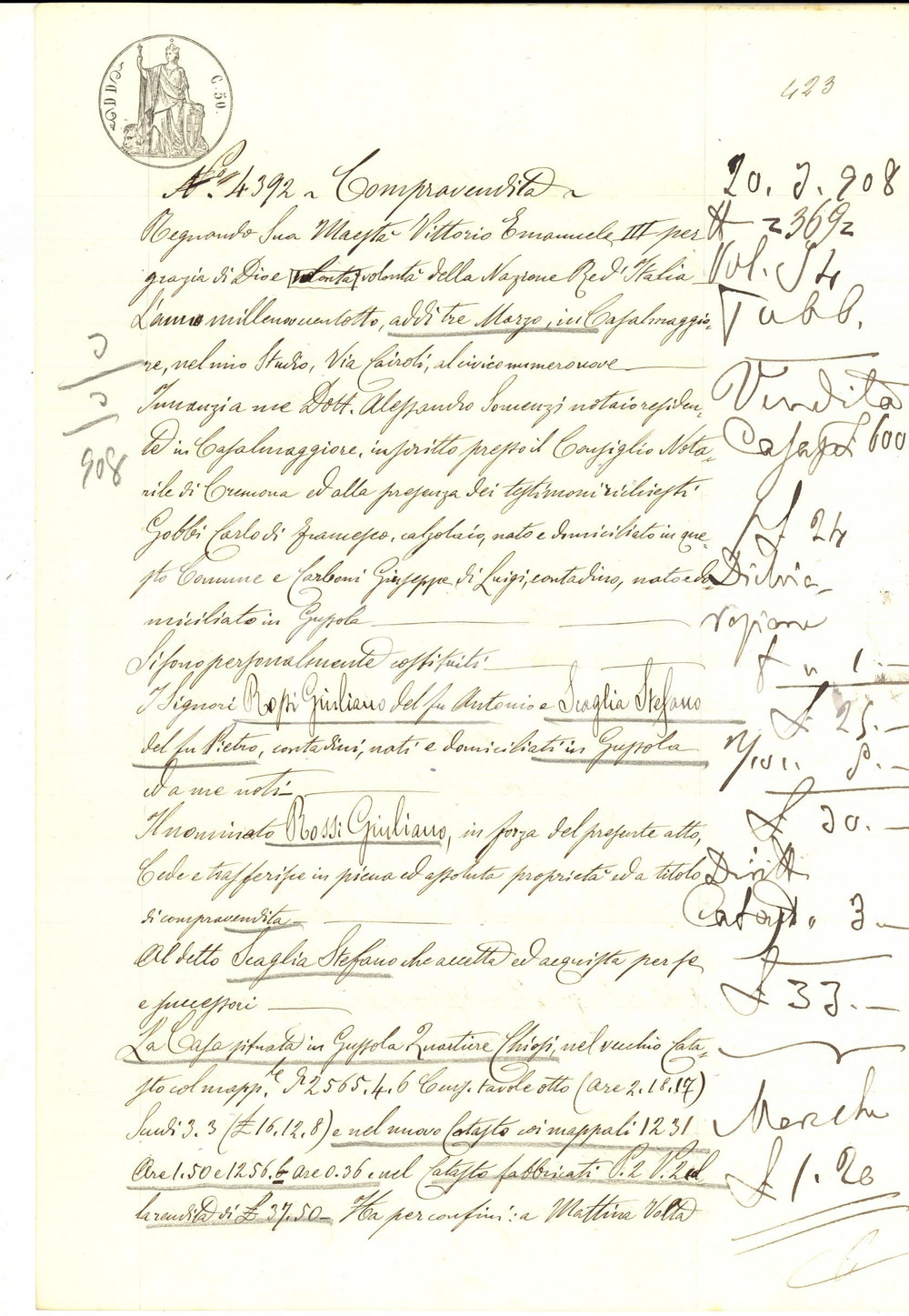 Documento originale, autentico 1908 GUSSOLA Giuliano ROSSI vende casa a Stefano SCAGLIA in quartiere CHIOSI 1