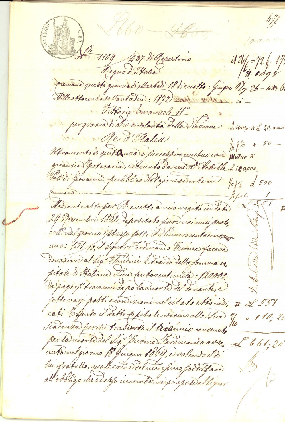 Documento originale, autentico 1872 CREMONA Atto di quietanza e mutuo Francesco PIAZZA  Bortolo TURINA 42 pp. 1