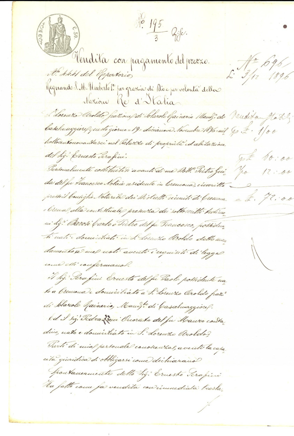 Documento originale, autentico 1896 SAN MARTINO DEL LAGO Ernesto SERAFINI vende campo a Onorato PEDRAZZANI 1