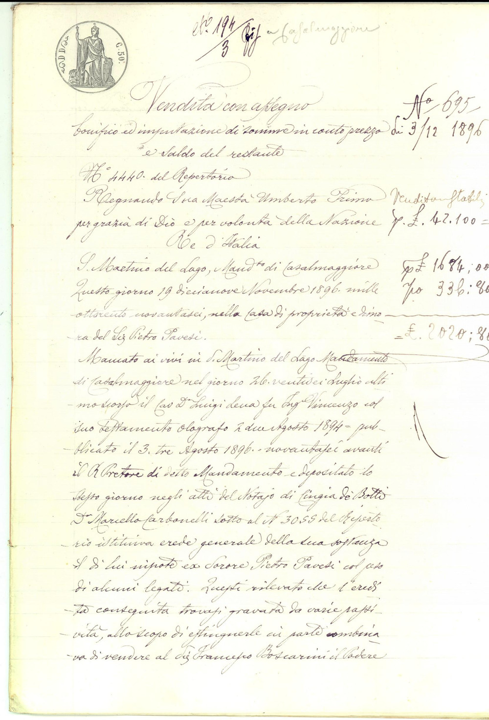 Documento originale, autentico 1896 SAN MARTINO DEL LAGO Pietro PAVESI vendepodere a Francesco BOSCARINI 1