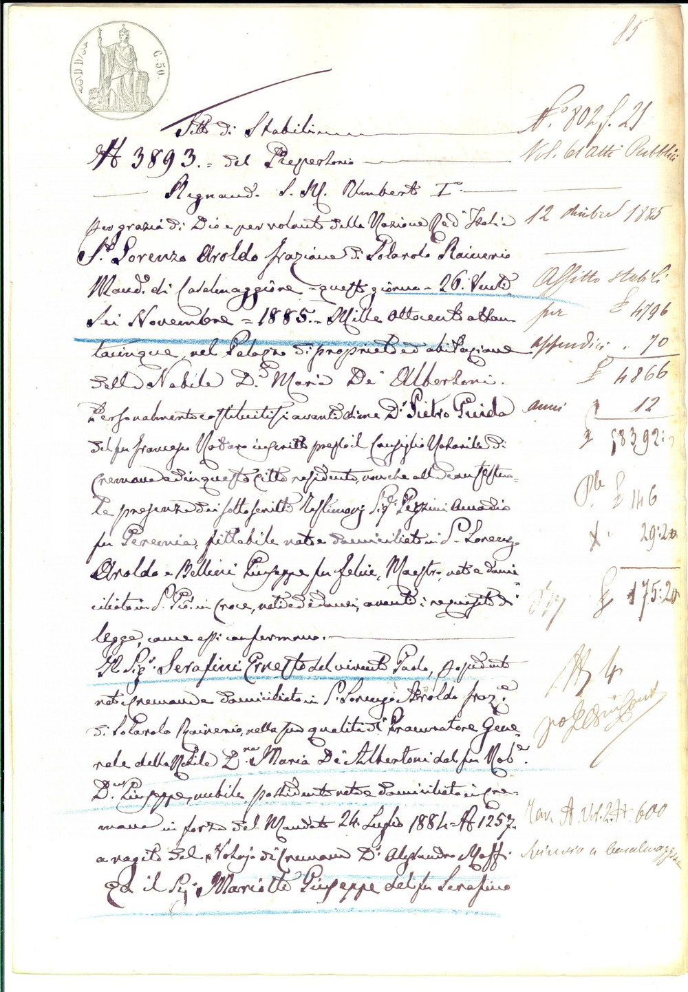 Documento originale, autentico 1885 CA  RUBERTO CR Ernesto SERAFINI affitta terreni a Giuseppe MARIOTTI 1