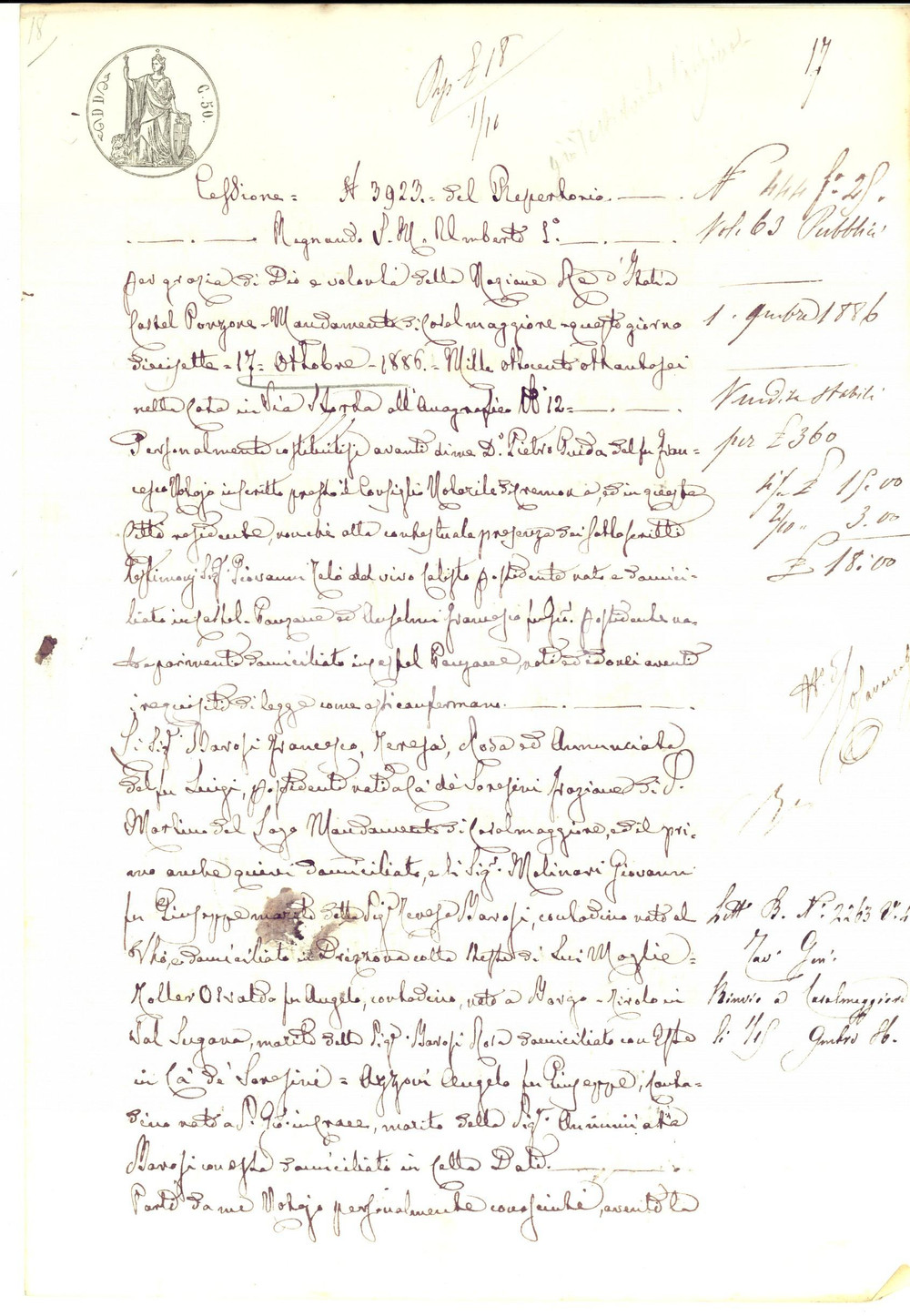 Documento originale, autentico 1886 CA  DE SORESINI Sorelle MAROSI cedono diritti su ereditÃ  del padre Luigi 1
