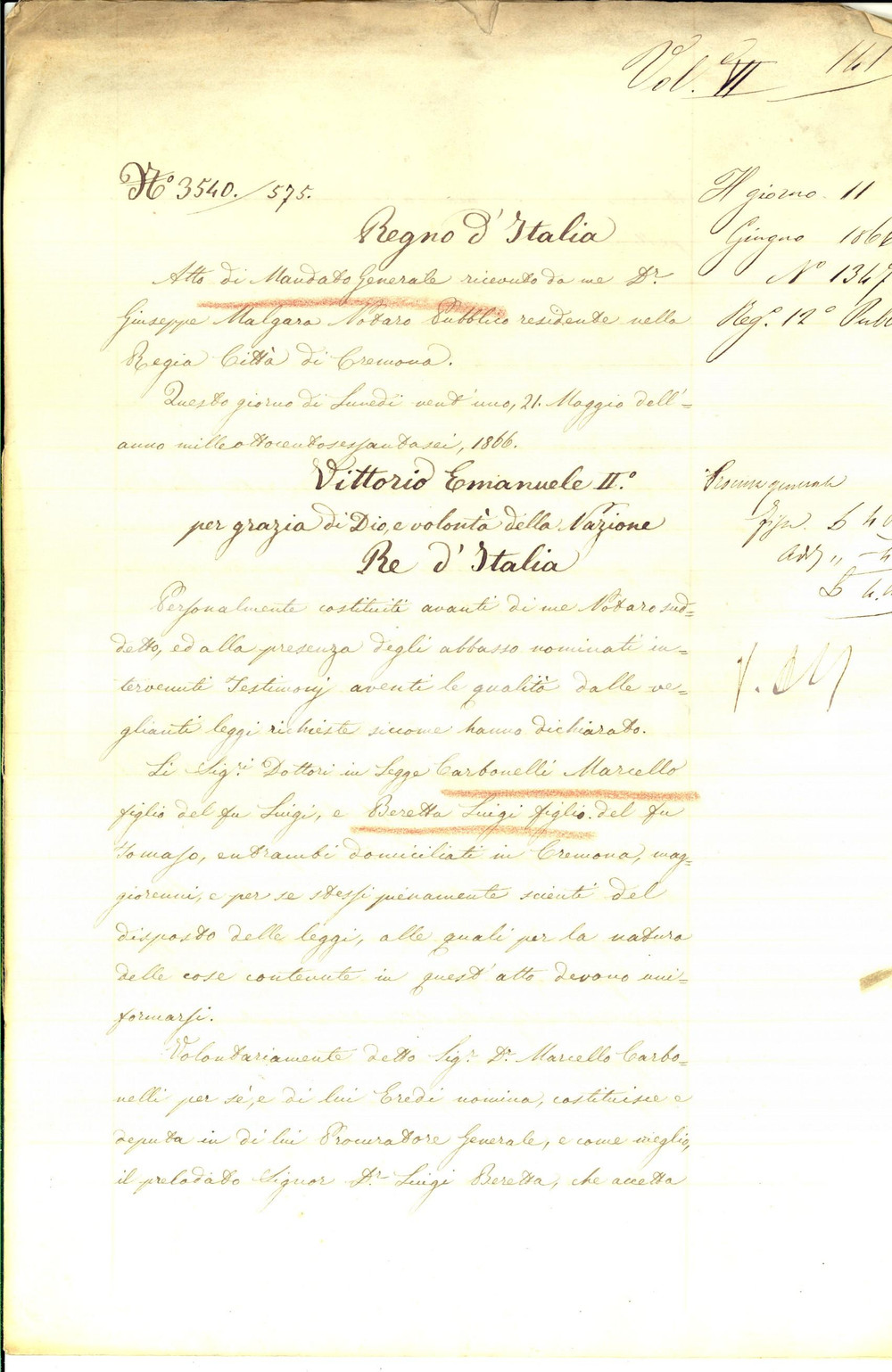 Documento originale, autentico 1866 CREMONA Procura di Marcello CARBONELLI a Luigi BERETTA Manoscritto 1